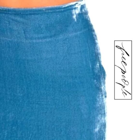 Free People ✦ My Lacey Velvet Midi Skirt ✦ Blue Asymmetrical Lace Hem Side Zip - Picture 12 of 16